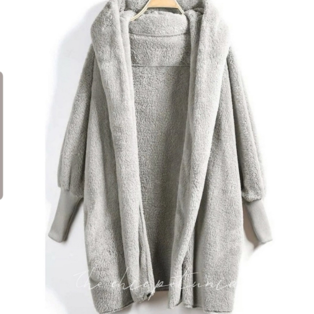 Plus Size long gray hooded teddy coat